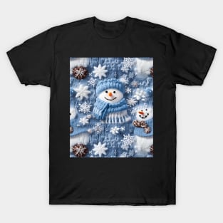 Funny Snowmen Retro Chrismas Snowflakes Blue Knitted Pattern T-Shirt